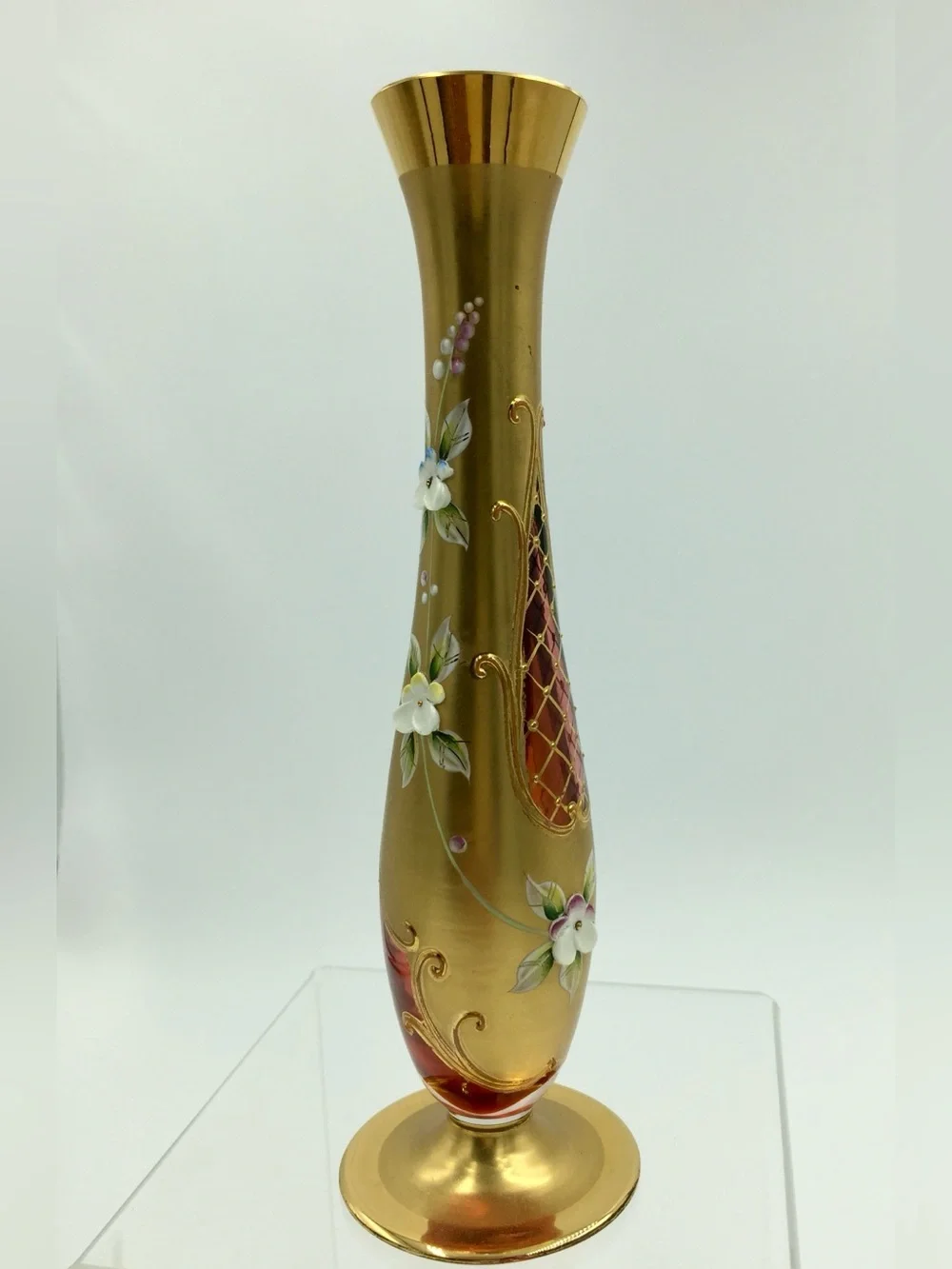 Vintage Czech Bohemian Lead Crystal 24K Gold Gilt Hand-Painted Art Glass Vase